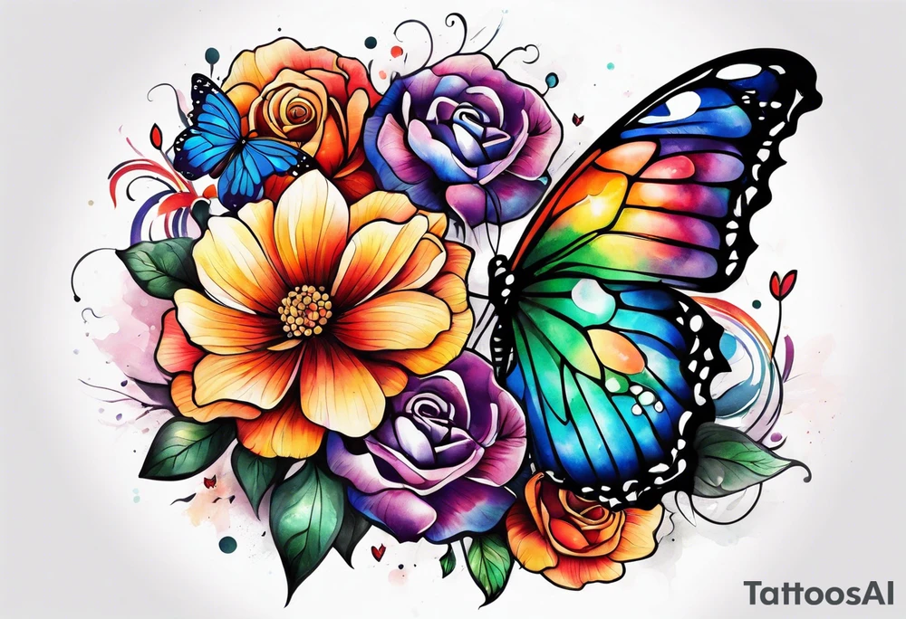 Arm sleeve with rainbow flowers and butterflies tattoo idea