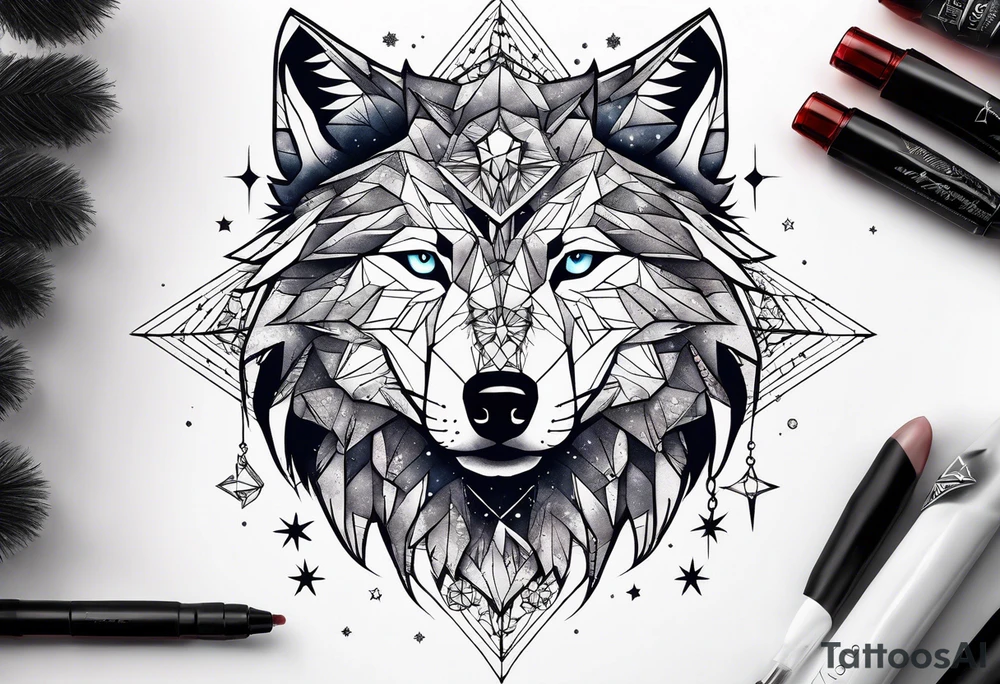 Constellation, two animal wolf, géométric, snowflake tattoo idea