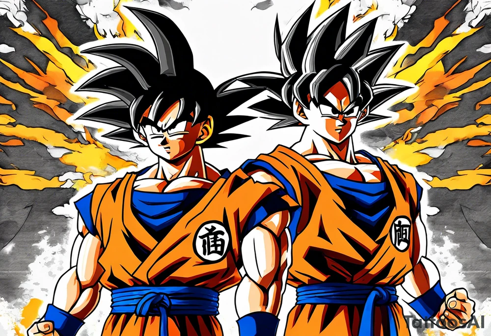 Small Son-Goku in the foreground and an older version of him as a super sayain behind him tattoo idea