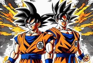 Small Son-Goku in the foreground and an older version of him as a super sayain behind him tattoo idea