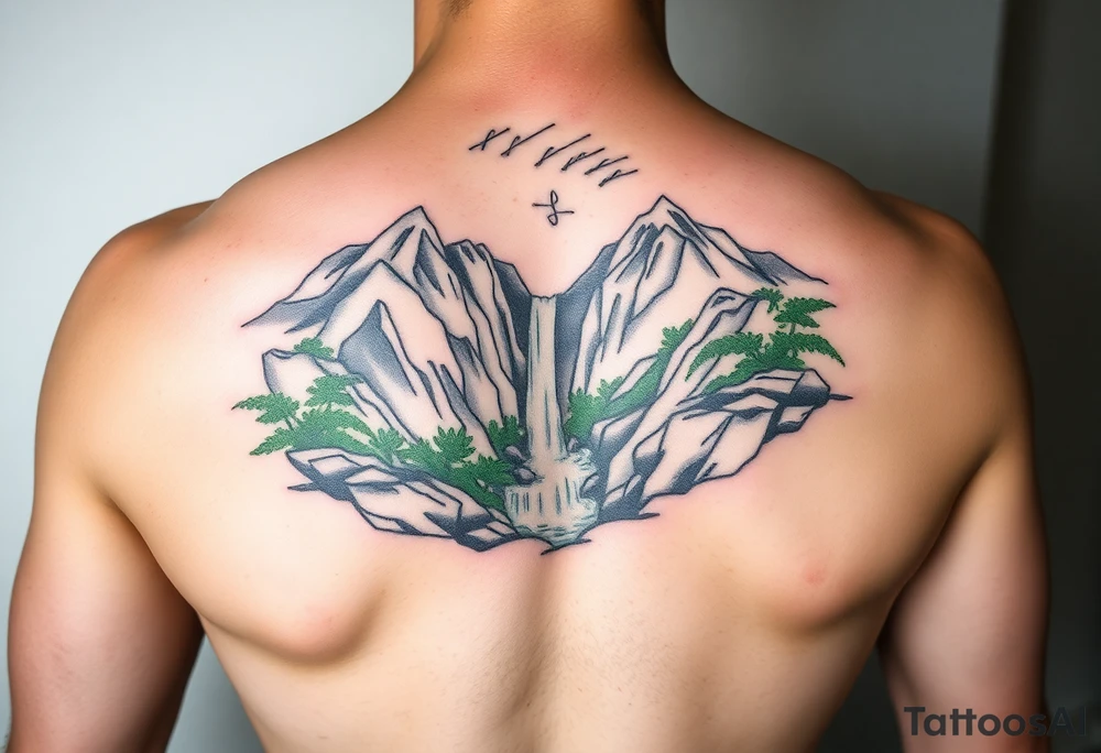 သား  surrounded by a colorful green mountainside with a waterfall tattoo idea