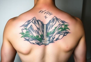 သား  surrounded by a colorful green mountainside with a waterfall tattoo idea