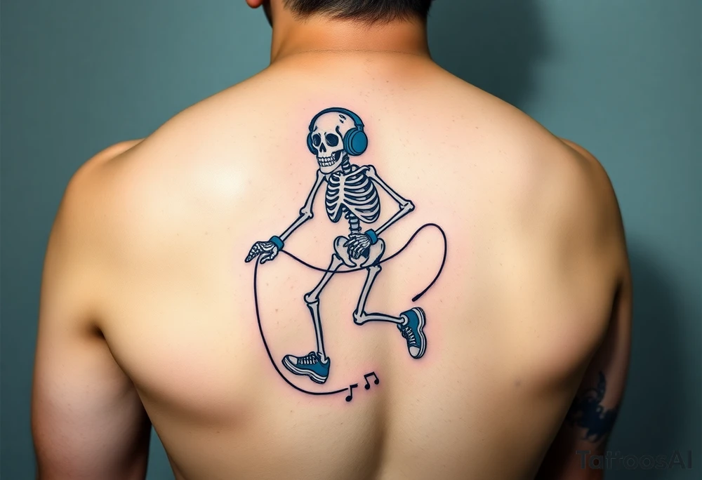 Minimalist funny looking fat skeleton skipping on a jumping rope with blue headphone blue tennis shoes blue arm bands and music notes colorful tattoo idea