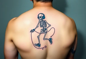 Minimalist funny looking fat skeleton skipping on a jumping rope with blue headphone blue tennis shoes blue arm bands and music notes colorful tattoo idea