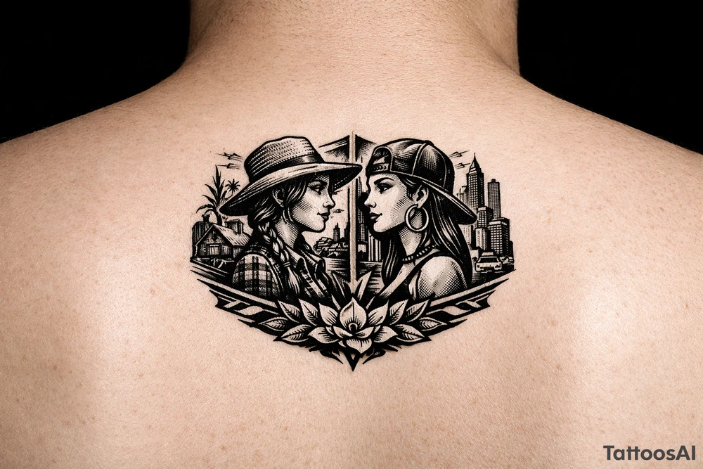 Black Country Mas presenting Girl from farmlands of North Florida to Black Mas presenting City girl of Metro Atlanta tattoo idea