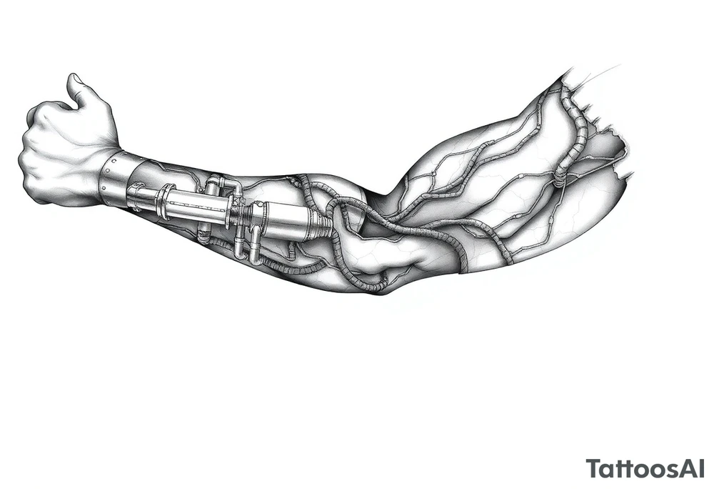 long System of pipes that transitions into veins of forearm tattoo idea