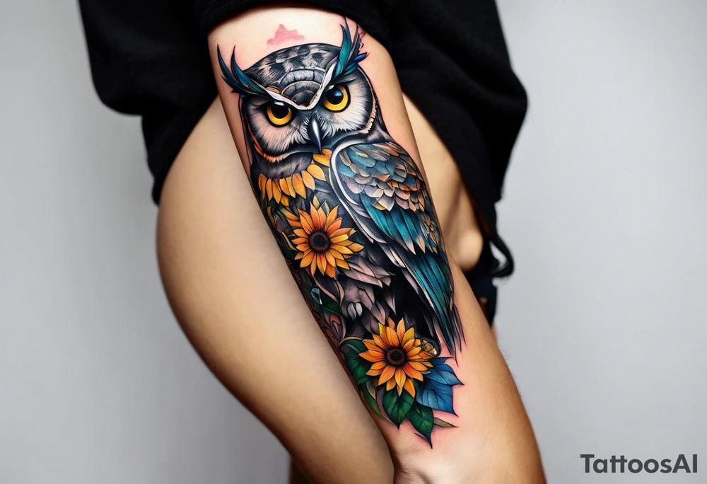 Arm sleeve with colorful sunflowers and an owl tattoo idea