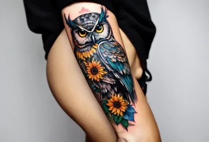 Arm sleeve with colorful sunflowers and an owl tattoo idea