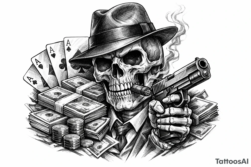 skull with gangster-hat,cigar in his mouth,a gun in a hand,playing cards,a lot of money. tattoo idea