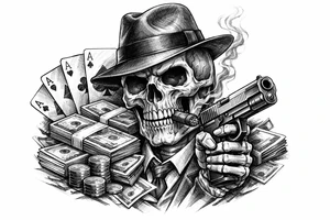 skull with gangster-hat,cigar in his mouth,a gun in a hand,playing cards,a lot of money. tattoo idea