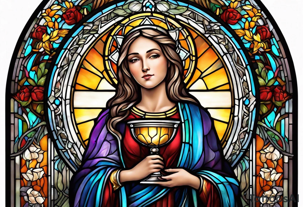holy saint woman with halo stained glass holding a chalice tattoo idea