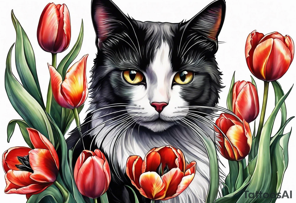 Tulips and black cat tattoo idea