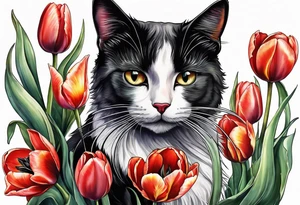 Tulips and black cat tattoo idea