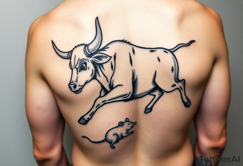 I want a tattoo with a bull with its horns down running full body chasing a rat on my lower back like cartoon tattoo idea