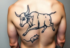 I want a tattoo with a bull with its horns down running full body chasing a rat on my lower back like cartoon tattoo idea