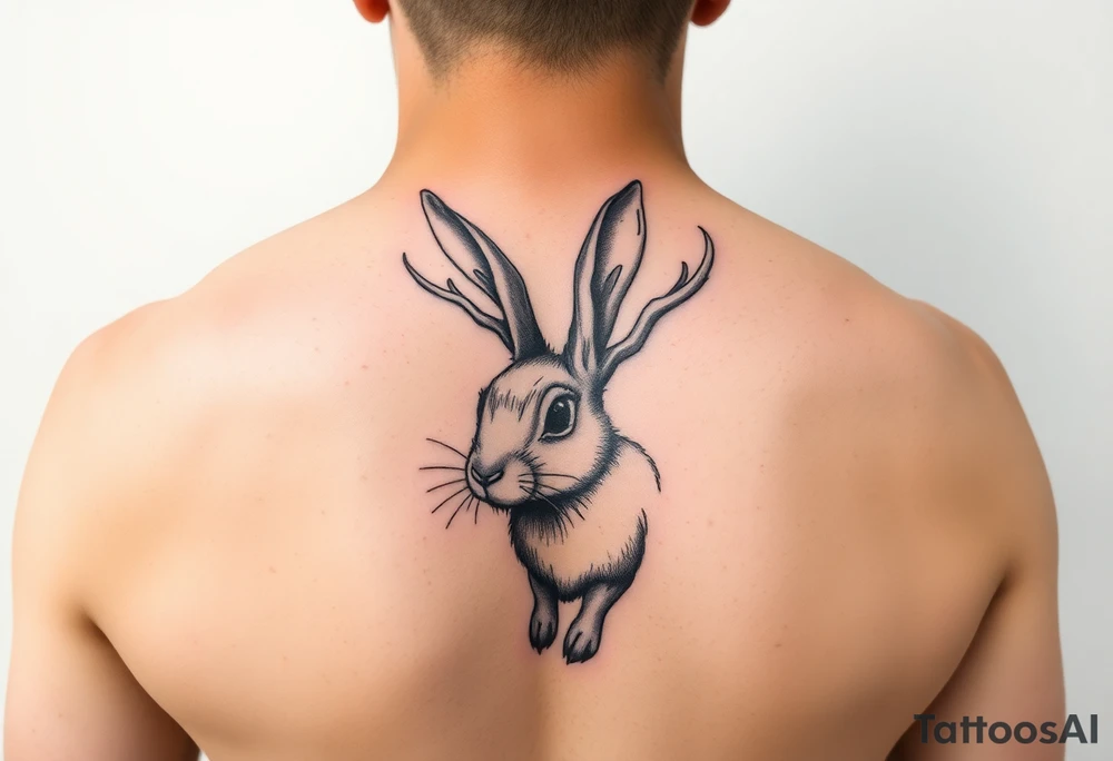 abstract jack rabbit with antlers coming out from its head, between the ears tattoo idea