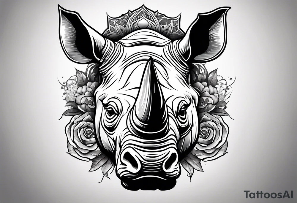 Rhino head split with a skull with black and white accents tattoo idea