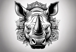 Rhino head split with a skull with black and white accents tattoo idea