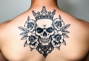 Bold elegant skull with crown surrounded by flowers with lace underneath tattoo idea
