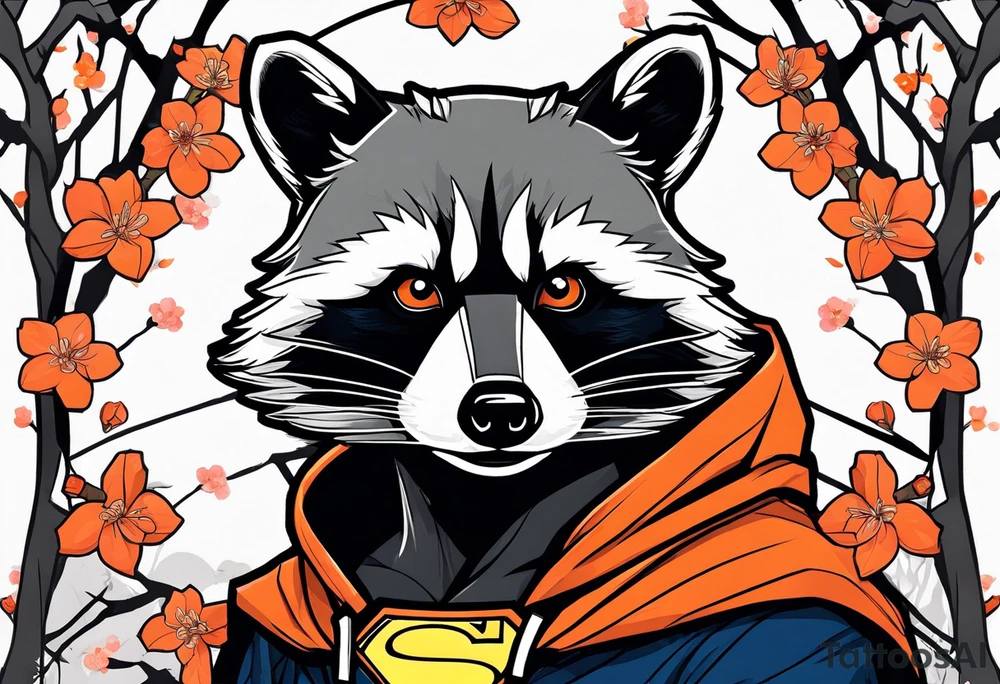 Raccoon wearing a white Superman logo on a black hoodie and orange Japanese cherry blossoms tattoo idea