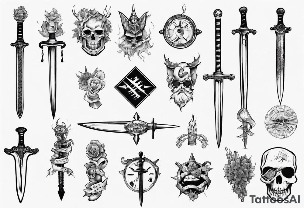 sword that has nerd stuff on it tattoo idea