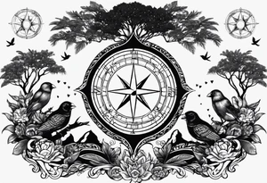 Create me a tattoo only in black with thin lines with a tree of life in the middle, a compass above with GPS coordinates, three little birds from the music "three little birds" by Bob Marley. tattoo idea