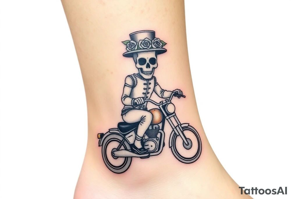 create an decorated "day of the dead skull" wearing a top hat with roses who is riding a retro motorcycle tattoo idea