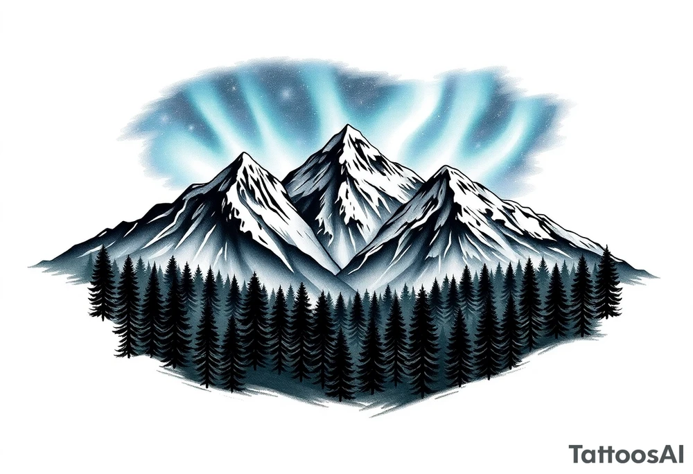 forest mountains under the northen lights tattoo idea