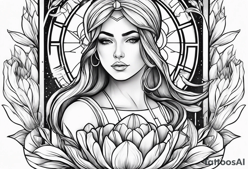 Portrait orientation Futuristic design for Virgo zodiac sign and tulips tattoo idea