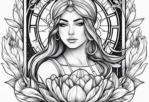 Portrait orientation Futuristic design for Virgo zodiac sign and tulips tattoo idea