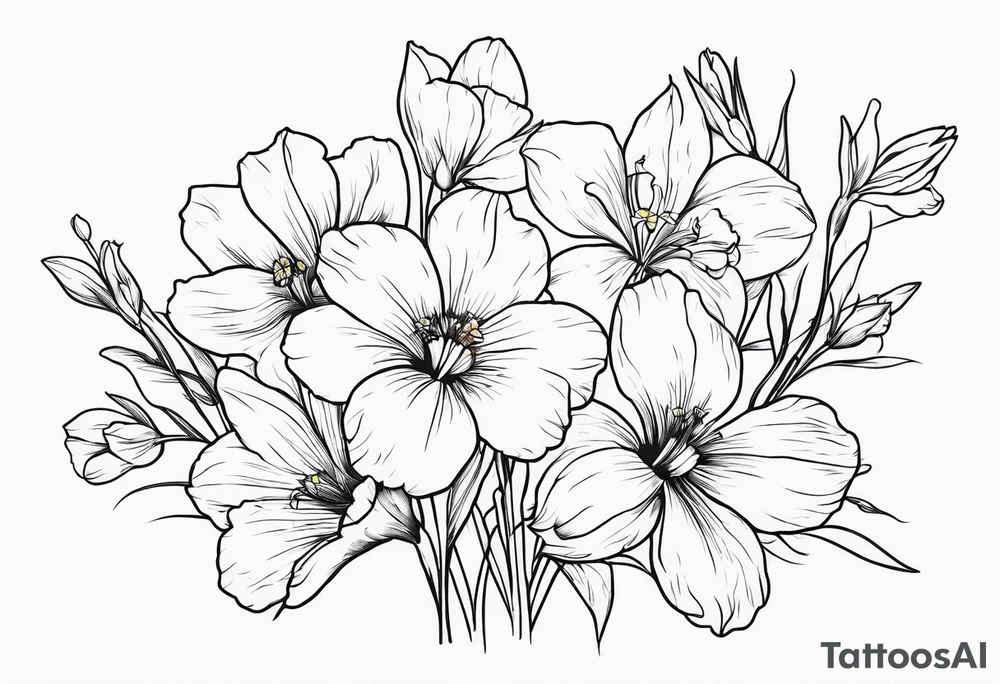 a tall, vertical minimalist style line art tattoo of a bouquet of violets, daffodils, gladiolus, and cosmos tattoo idea