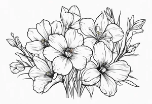 a tall, vertical minimalist style line art tattoo of a bouquet of violets, daffodils, gladiolus, and cosmos tattoo idea