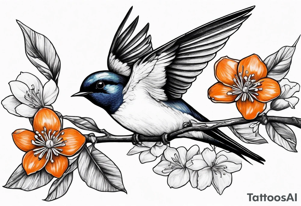 swallow flying off of branch with orange blossoms tattoo idea