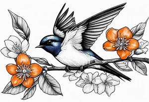 swallow flying off of branch with orange blossoms tattoo idea
