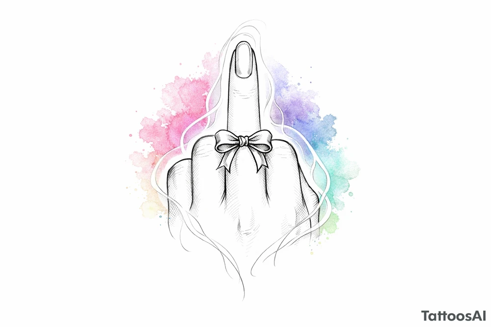 Tiny detailed bow, middle finger, spectral outline, vibrant watercolor wash. tattoo idea