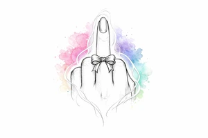 Tiny detailed bow, middle finger, spectral outline, vibrant watercolor wash. tattoo idea