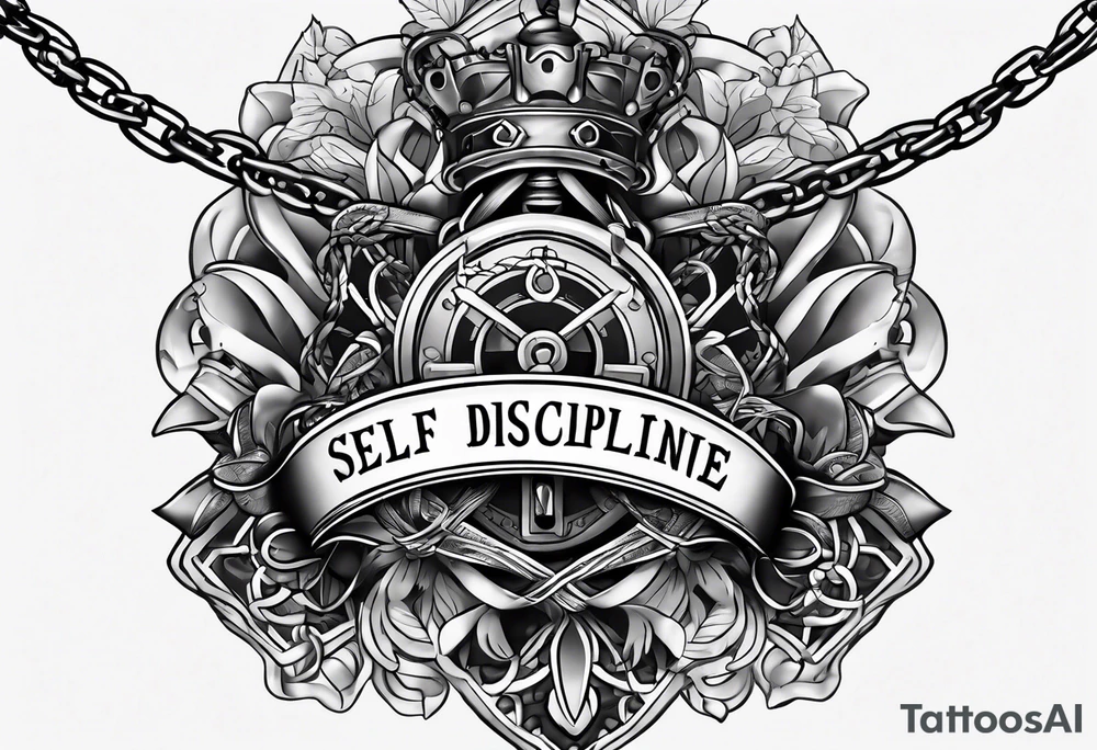Tattoo of the word 'Self discipline' tied on both ends with metal chains and connected in the middle with a lock tattoo idea