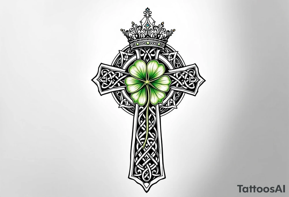 Masculine Celtic cross tattoo featuring intricate knotwork patterns along the arms and base of the cross. At the heart of the cross, place a vibrant four-leaf clover, its leaves shaded with subtle gradients of green, symbolizing luck and unity. Above the cross, incorporate a regal crown adorned with ornate details, such as small gemstones or filigree, to signify authority and strength. Behind the cross add more celtic knots and a celtic tree of life tattoo idea