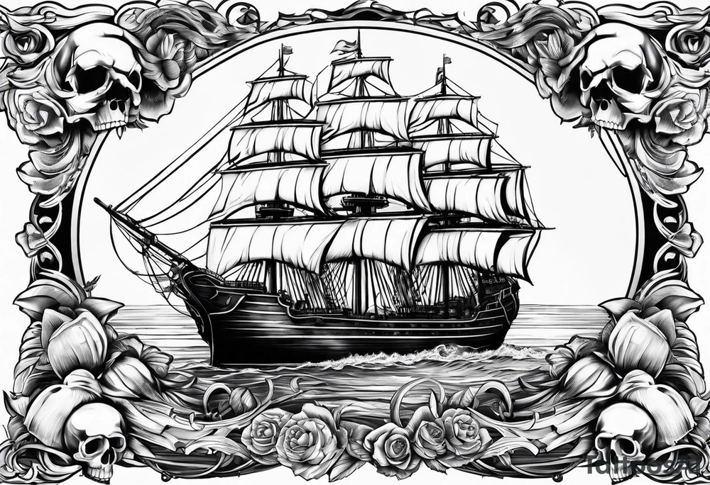 patriotic banner with skulls and ships tattoo idea