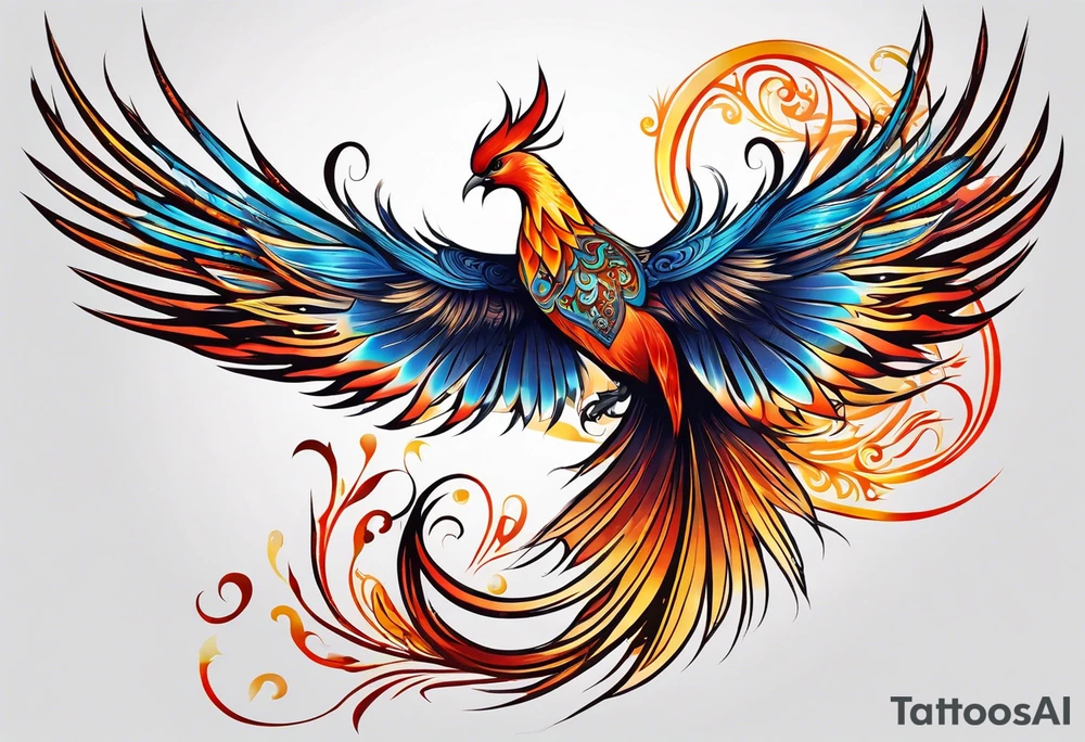 russian firebird phoenix in-flight with very long fancy tail with Yarilo symbol tattoo idea