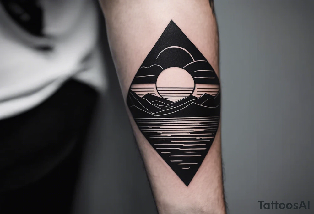 Minimalistic, small, black and white tattoo on male forearm. Tattoo style is line drawing. From the perspective of being on the ocean, the water is calm, with no waves in sight, the sun is setting behind the ocean, reflecting light onto the water. The tattoo in the shape of a rectangle, 4 inches wide by 2 inches tall. tattoo idea