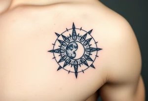 Compass with no declination marks shaped like a sun with a moon at the center of the image tattoo idea