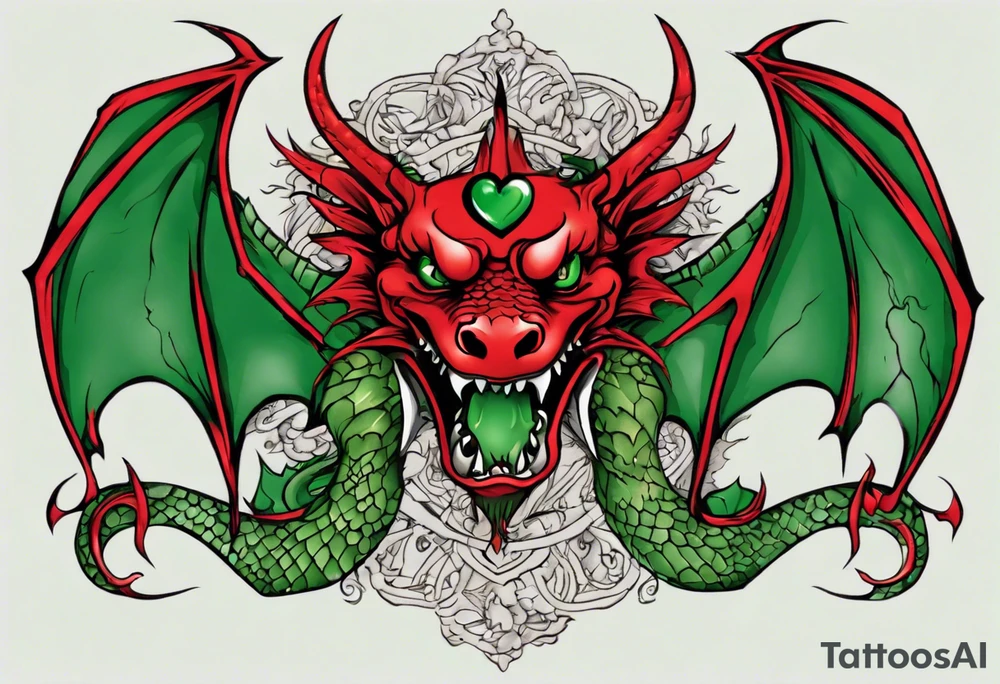 red dragon with green-stone heart tattoo idea