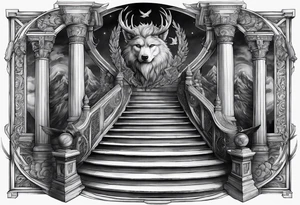 a staircase to valhalla with a big face of odin Odin at its end. On the side of the stair is a pack ow wolves. Also add in a a pair of doves and two ravens tattoo idea