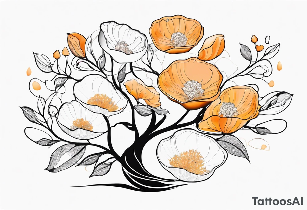 2 mimoma tree blossoms floating with bivalve shells mixed in creating movement tattoo idea