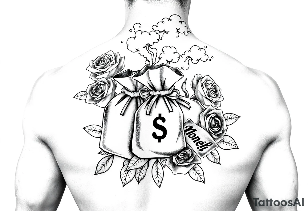 monopoly money bags, roses, cloud smoke, dollar bills tattoo idea