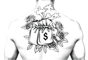 monopoly money bags, roses, cloud smoke, dollar bills tattoo idea