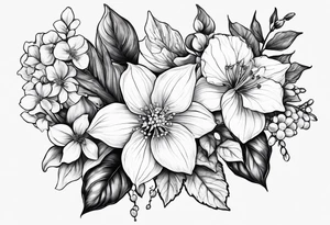 Hydrangea, Narcissus, Poinsettia, Holly, Gladiolus, Poppy, Daisy, Sweet Pea floral tattoo idea