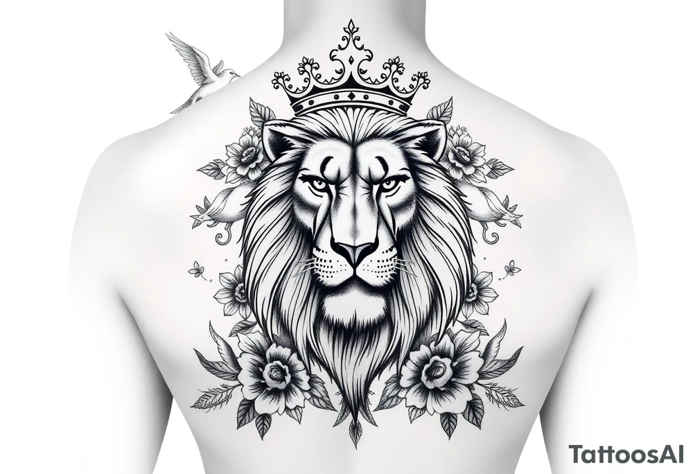 powerful majestic lion with a crown, surrounded by floral ornaments and birds tattoo idea