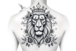 powerful majestic lion with a crown, surrounded by floral ornaments and birds tattoo idea